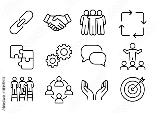 Group Dynamics Icons. Outline icon set of group dynamics: chain link, handshake, group huddle, arrows joining,