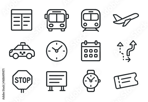 Transportation Schedule Icons. Outline icon set of transportation schedules: timetable, bus icon, train icon,