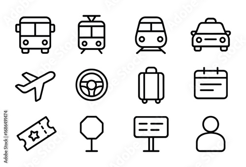 Transport Icon Set. Outline icon set of passenger transport: bus, tram, train, taxi, airplane, steering wheel,