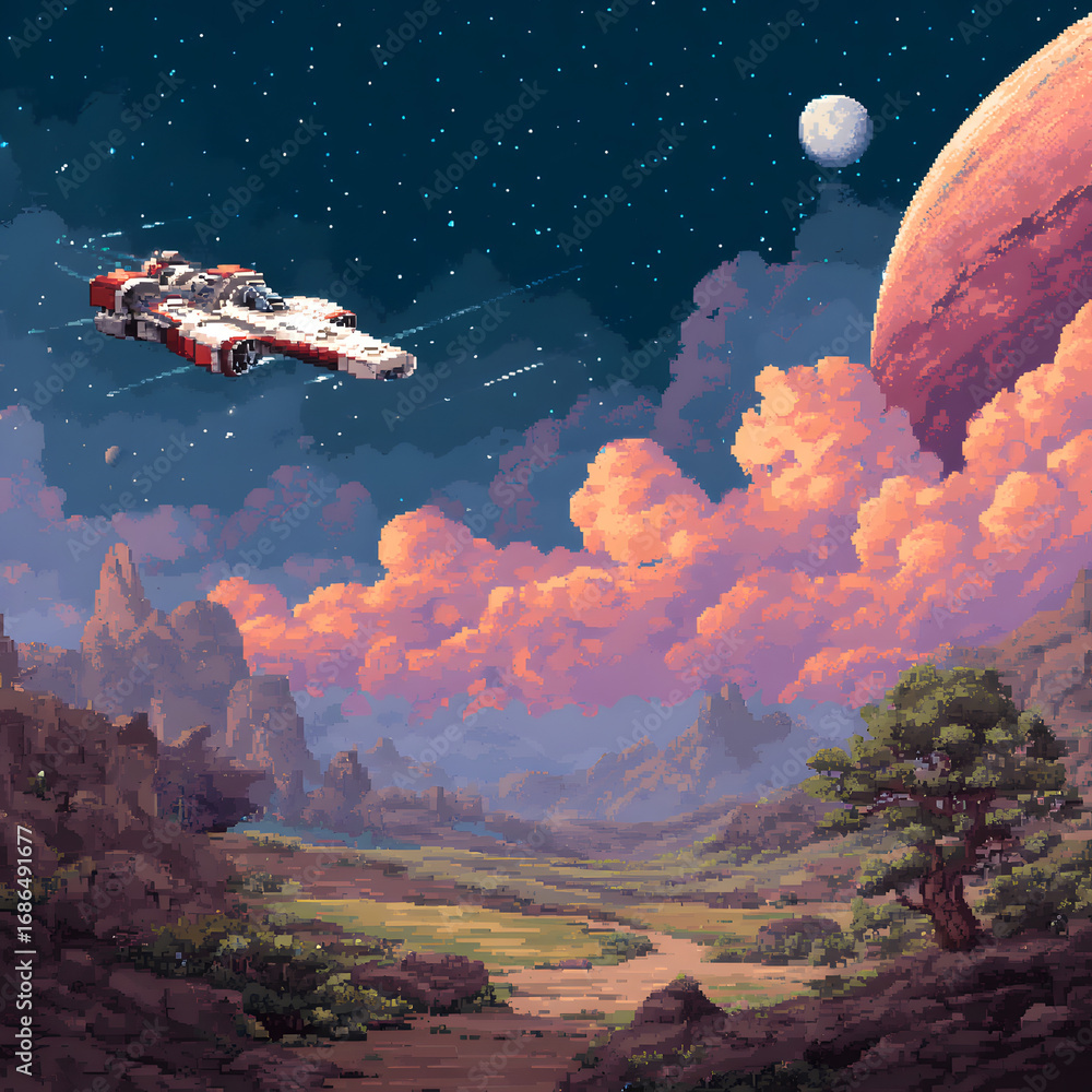 Pixel Art of a Spaceship Preparing for a Landing on a New Planet Surrounded by Stars and Colorful Clouds