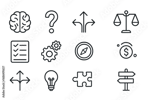 Decision Making Icons. Outline icon set of decision making: brain, question mark, arrow paths, scale,