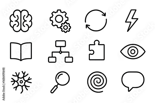 Thought Process Icons. Outline icon set of thought processes: brain, gears, arrow cycle, lightning bolt, book,
