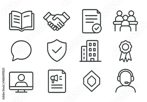 Transparency Icon Set. Outline icon set of transparency in crisis: open book, handshake, clear document,