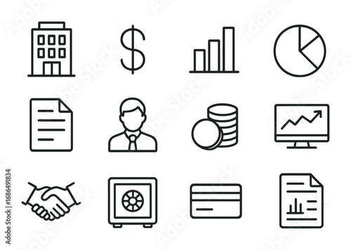 Corporate Finance Icons. Outline icon set of corporate finance: company building, dollar sign, bar chart, pie