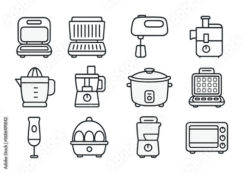 Kitchen Gadget Icons. Outline icon set of small kitchen gadgets: sandwich maker, electric grill, hand mixer,