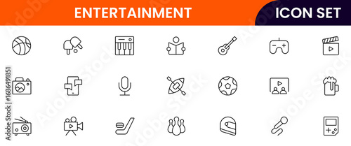 Entertainment vector line icons featuring music, movies, theater, games, concerts, cameras, tickets, popcorn, stages, and fun activities symbols.