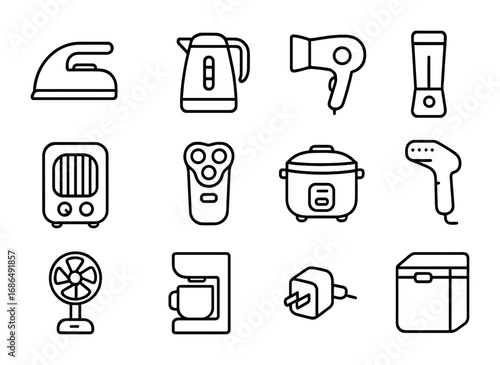Travel Appliances Icons. Outline icon set of travel appliances: travel iron, portable kettle, hair dryer, mini