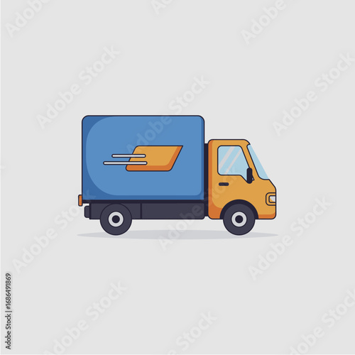 Simple illustration of a delivery truck, side view, with a fast delivery symbol.