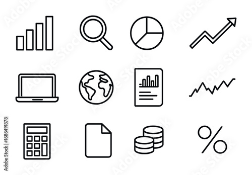 Market Analysis Icons. Outline icon set of market analysis: bar chart, magnifying glass, pie chart, growth