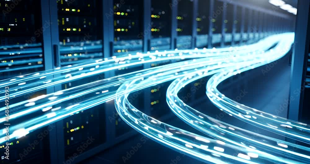 Data center server room with fiber optic cables transmitting data fast and secure