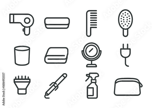 Countertop Icon Set. Outline icon set of countertop organization: portable hair dryer, tray, comb, brush, cup,