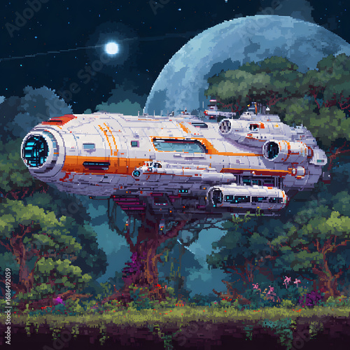 Pixel Art of a Time Traveling Spaceship Nestled Among Lush Greenery Under the Moonlight