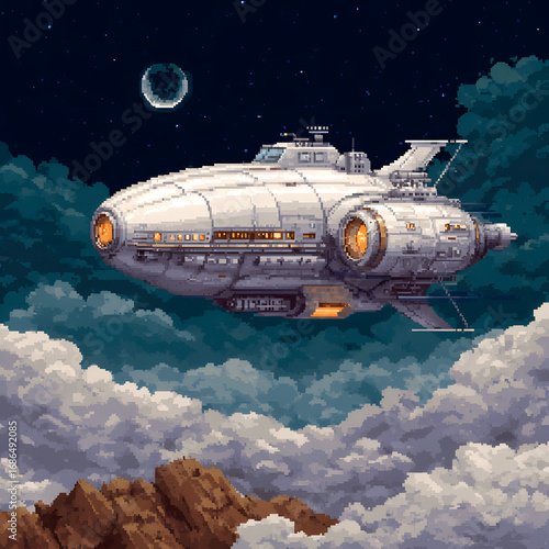 Pixel Art of a Spaceship Traveling Through Time in a Starry Night Sky Over Dramatic Clouds