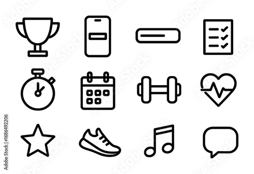 Fitness Challenge Icons. Outline icon set of fitness challenges apps: trophy, smartphone, progress bar,