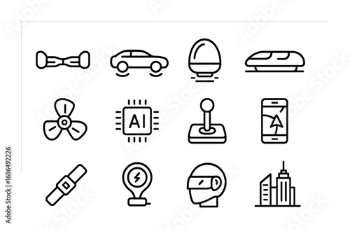 Futuristic Hover Vehicle Icons. Outline icon set of hover vehicles: hoverboard, hovercar, levitating pod,