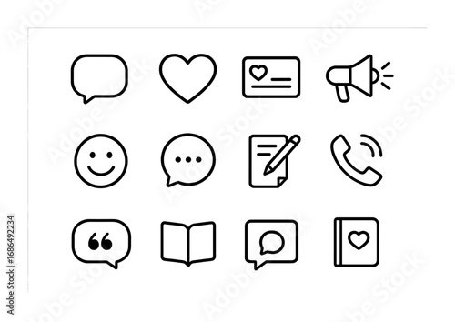 Words of Affirmation Icons. Outline icon set of words of affirmation: speech bubble, heart icon, compliment