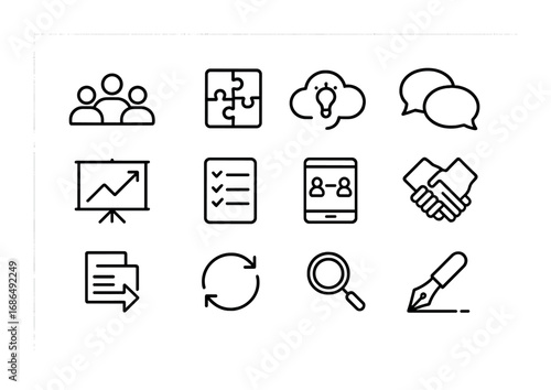 Collaborative Learning Icons. Outline icon set of collaborative learning: teamwork icon, puzzle pieces,
