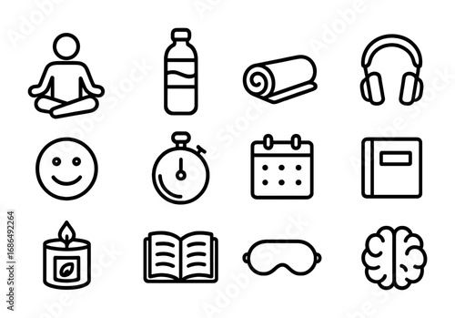 Exam Stress Icons. Outline icon set of exam stress management: meditation icon, water bottle, yoga mat,