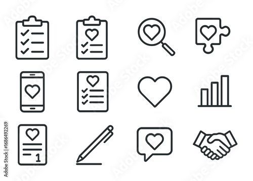 Dating Test Icons. Outline icon set of dating and compatibility tests: checklist, clipboard, magnifying glass,