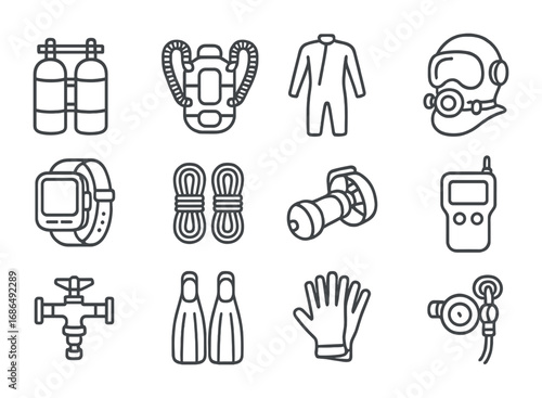 Technical Diving Icons. Outline icon set of technical diving: double tanks, rebreather, drysuit, helmet, dive