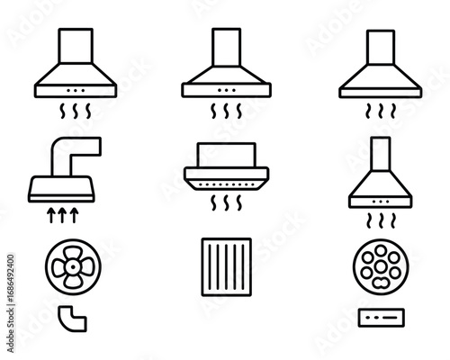 Range Hood Icon Set. Outline icon set of range hood vent: wall-mounted hood, island hood, under-cabinet hood,