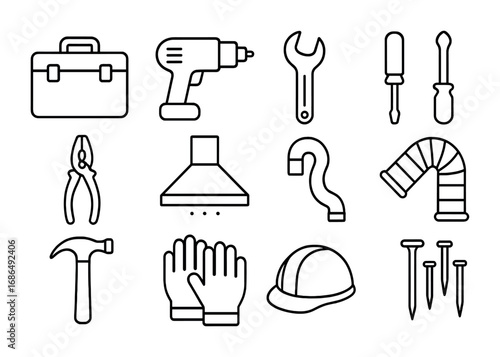 Home Improvement Icons. Outline icon set of home improvement: toolbox, drill, wrench, screwdriver, pliers,