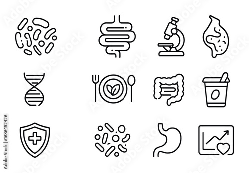 Human Microbiome Icons. Outline icon set of human microbiome and its impact on health: gut bacteria,