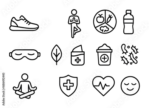 Lifestyle Health Icons. Outline icon set of lifestyle and microbiome health: running shoe, yoga pose, balanced