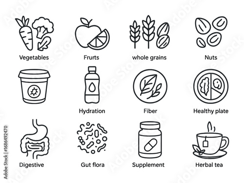 Diet and Microbiome Icons. Outline icon set of diet and microbiome balance: vegetables, fruits, whole grains,