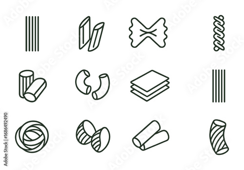 Pasta Icon Grid. Outline icon set of pasta varieties: spaghetti, penne, farfalle, fusilli, rigatoni, macaroni,