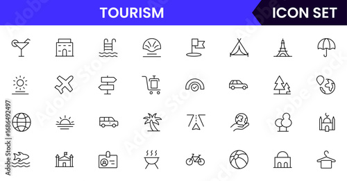 Tourism vector line icons featuring landmarks, airplanes, suitcases, maps, hotels, cameras, travel guides, beaches, and sightseeing activities symbols.