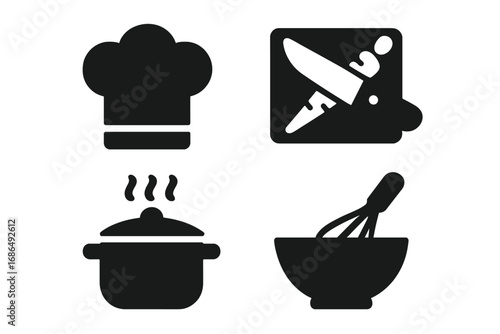 Cooking tools and chef icons showcase culinary activities in a minimalist design