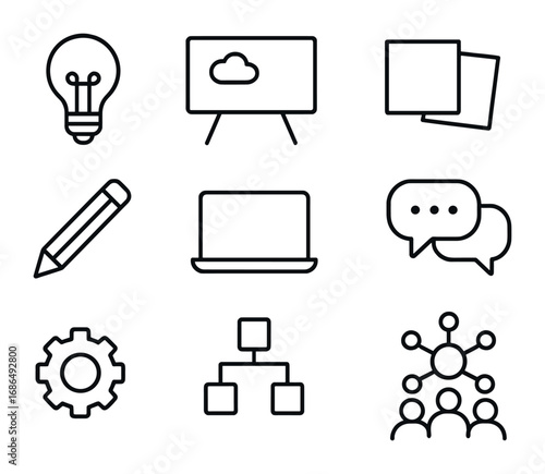 Online Brainstorming Icons. Outline icon set of online brainstorming sessions: light bulb, whiteboard, sticky