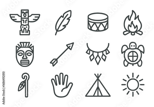Indigenous Tradition Icons. Outline icon set of indigenous traditions: totem pole, feather, drum, fire,