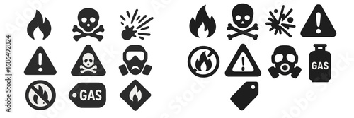 Safety symbols illustrating hazards of fire, toxic substances, and gas in industrial settings