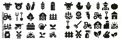 Collection of farm-themed icons depicting various agricultural elements and activities including animals and equipment used in farming