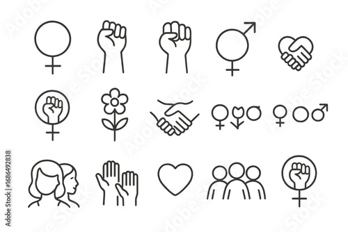 Feminism and gender equality line icon set. Collection of symbols for women's rights, solidarity, community, lgbtq pride and protest. Vector graphic elements for web and apps.