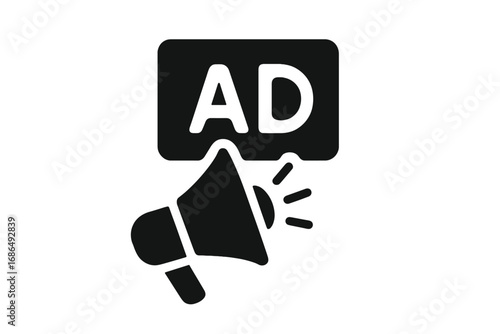 Graphic depicting loudspeaker with advertisement text showing promotion in a digital format for marketing or advertising concepts