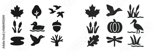 Nature silhouettes featuring various plants and animals in a monochrome design for a seasonal theme