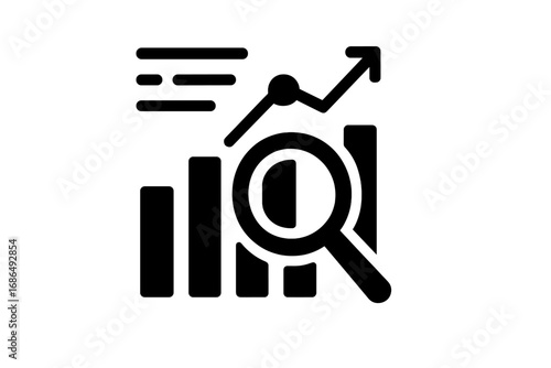 Graph showing upward trend with magnifying glass indicating analysis and research in business metrics