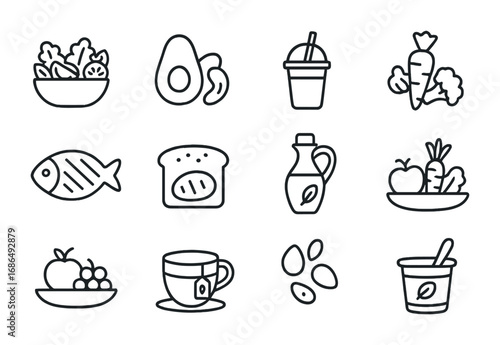 Healthy Food Icons. Outline icon set of food in health-conscious living: salad bowl, avocado, nuts, smoothie,
