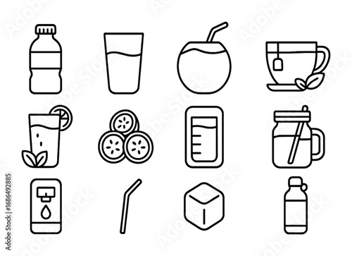 Hydration Icon Set. Outline icon set of hydration and wellness: water bottle, glass of water, coconut water,