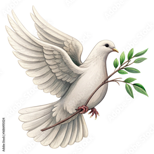 Elegant white dove with olive branch symbolizing peace, hope, and new beginnings in a graceful flight