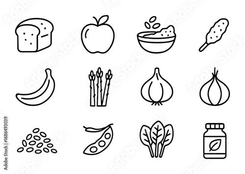 Prebiotic Foods Icons. Outline icon set of prebiotics and fiber: whole grain bread, apple, oats, chicory root,