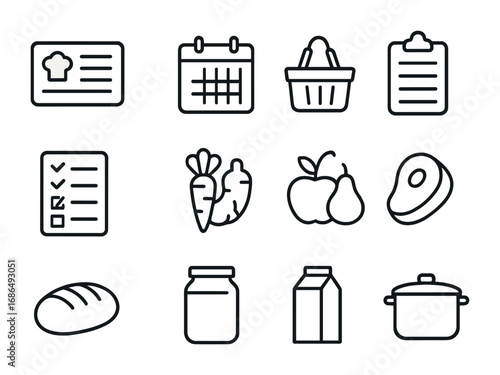 Meal Planning Icons. Outline icon set of meal planning: recipe card, calendar, shopping basket, clipboard,