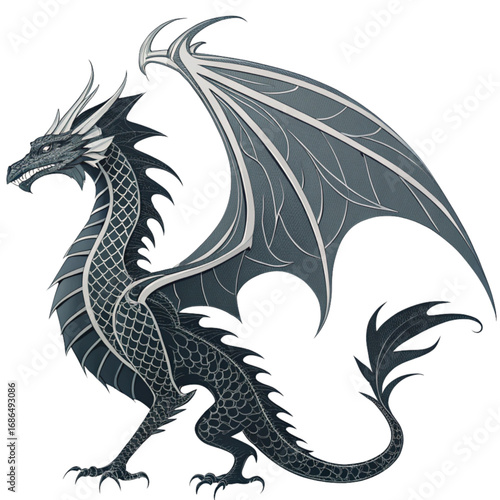 Majestic dark grey dragon with spread wings and glowing red eyes, a powerful mythical creature ready for fantasy adventures