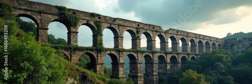 Ancient Roman Aqueduct Crumbling Amidst a Stormy Sky A Symbol of Europes Fragile Past