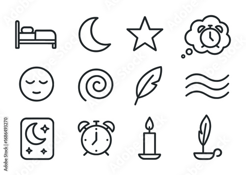 Dream Time Icons. Outline icon set of time in dreams: bed, moon, star, dream cloud, floating clock, sleeping