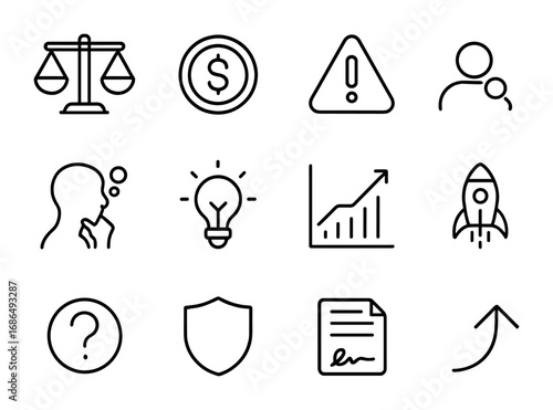 Risk Reward Icons. Outline icon set of risk and reward: balance scale, dollar coin, warning triangle, investor