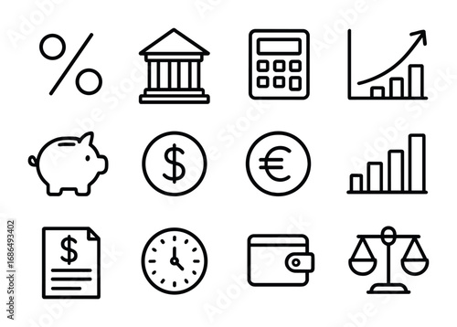 Finance Icon Set. Outline icon set of interest rates: percentage sign, bank building, calculator, growth chart
